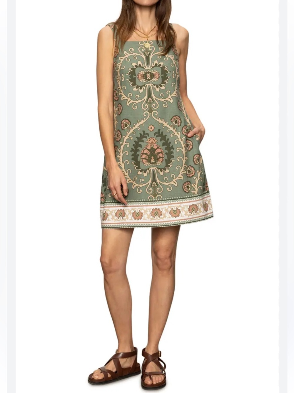 Sanctuary XS Sage Green Tapestry Pattern Sleeveless Linen Blend Shift Dress NWT